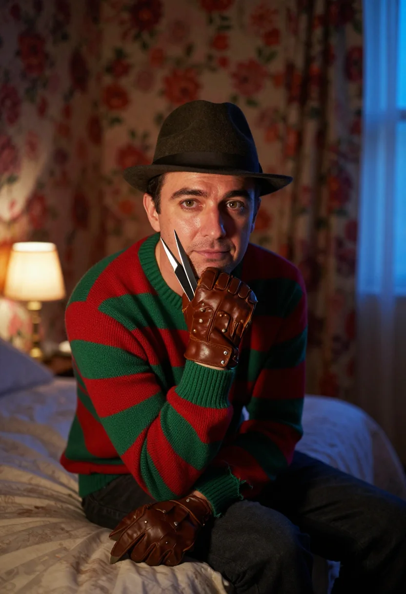 AI freddy krueger sample — portrait of a man, eye-level half-length portrait of a Weste