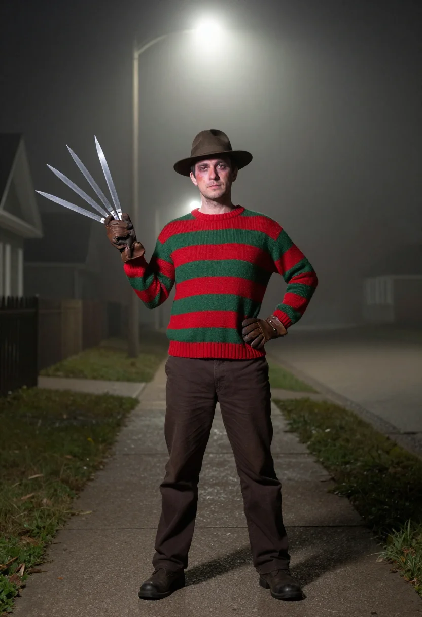 AI freddy krueger sample — portrait of a man, low-angle full-length portrait of a Weste