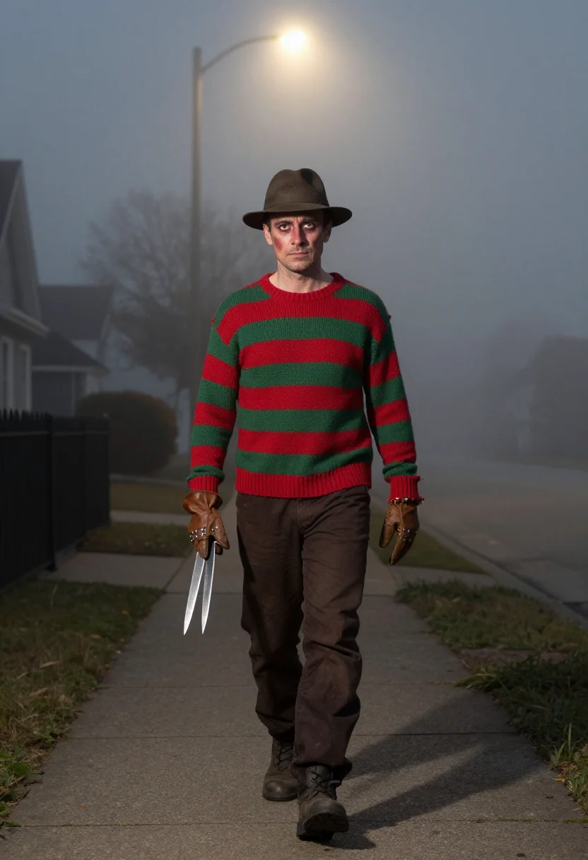 AI freddy krueger sample — portrait of a man, wide low-angle full-length portrait of a