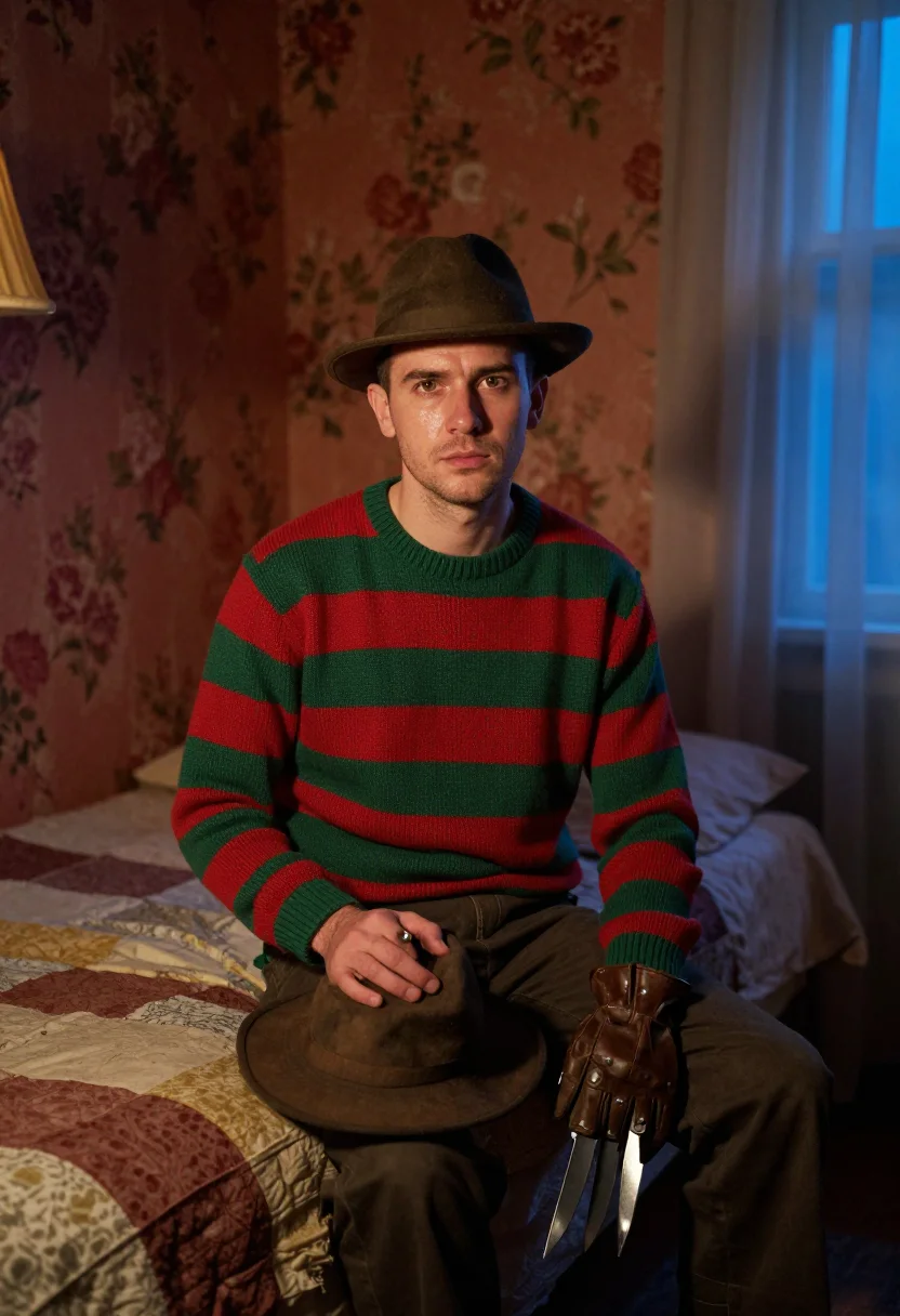 AI freddy krueger sample — portrait of a man, eye-level three-quarter-length portrait o