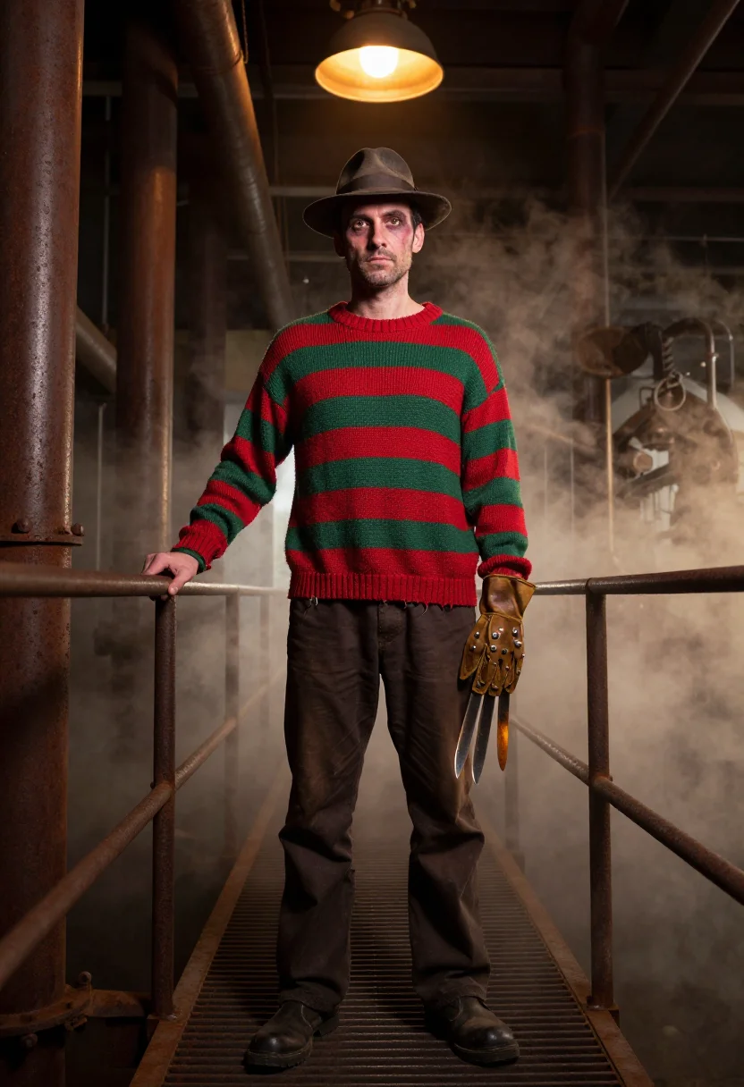 AI freddy krueger sample — portrait of a man, wide low-angle full-length portrait of a