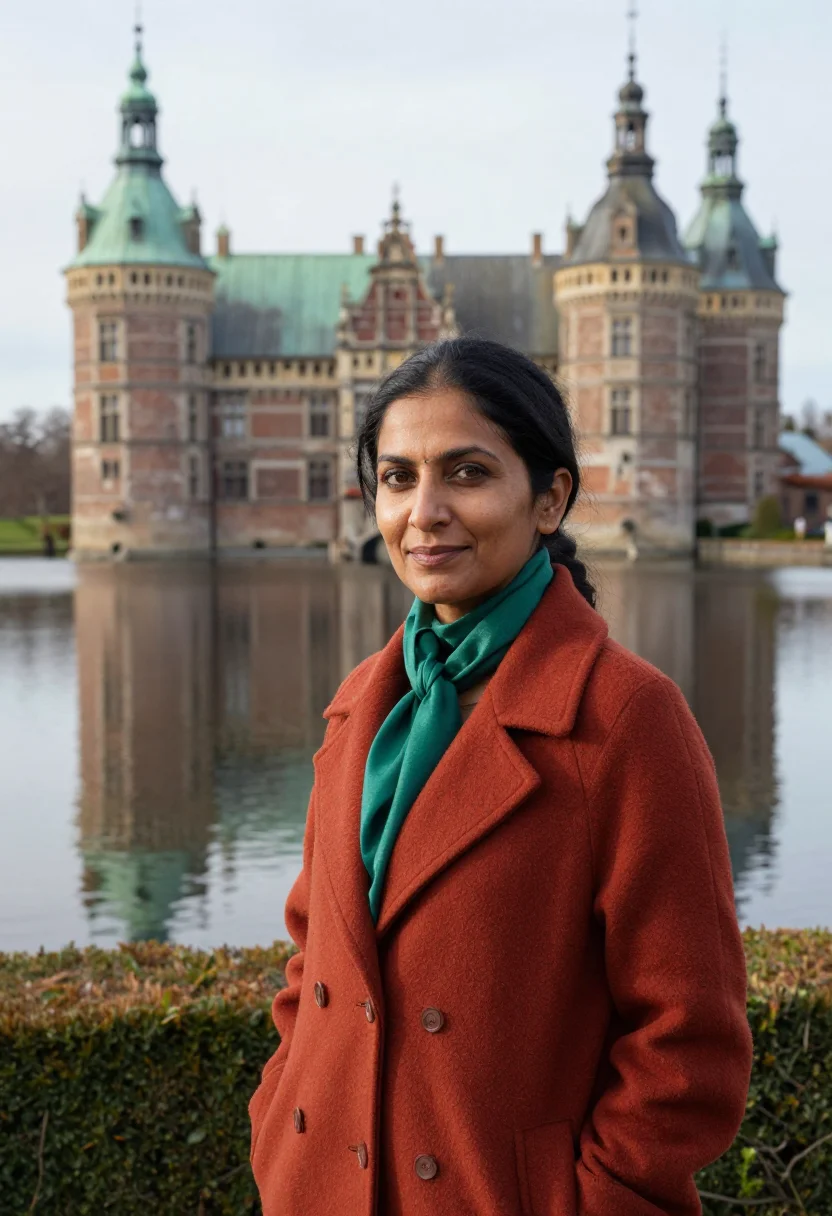 AI frederiksborg historian brick verdigris sample — portrait of a woman, a historian in her forties of Indian de
