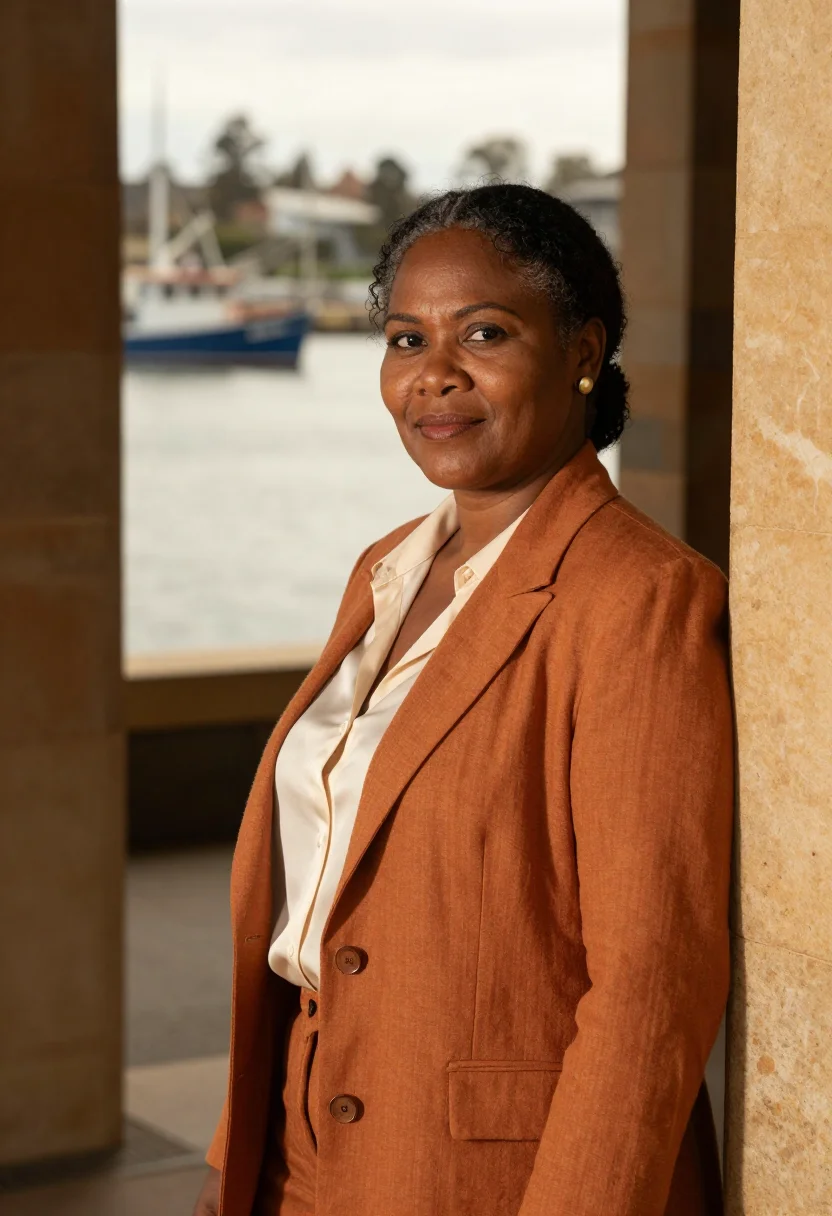 AI fremantle maritime archaeologist limestone ochre sample — portrait of a woman, framed tight, head and shoulders, the b