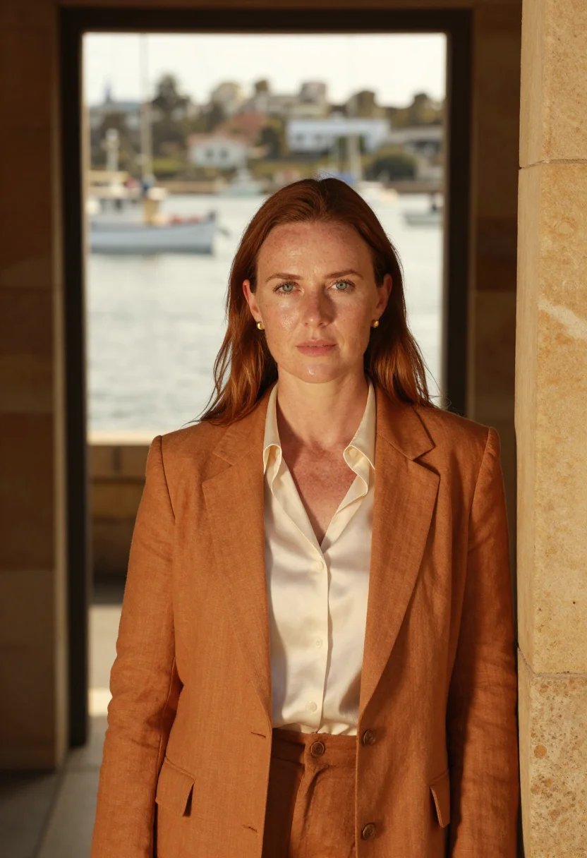 AI fremantle maritime archaeologist limestone ochre sample — portrait of a woman, framed chest-up, cropped at the ribs, t