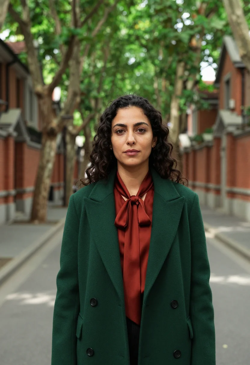 AI french concession interior designer plane green brick sample — portrait of a woman, a Lebanese interior designer in her lat