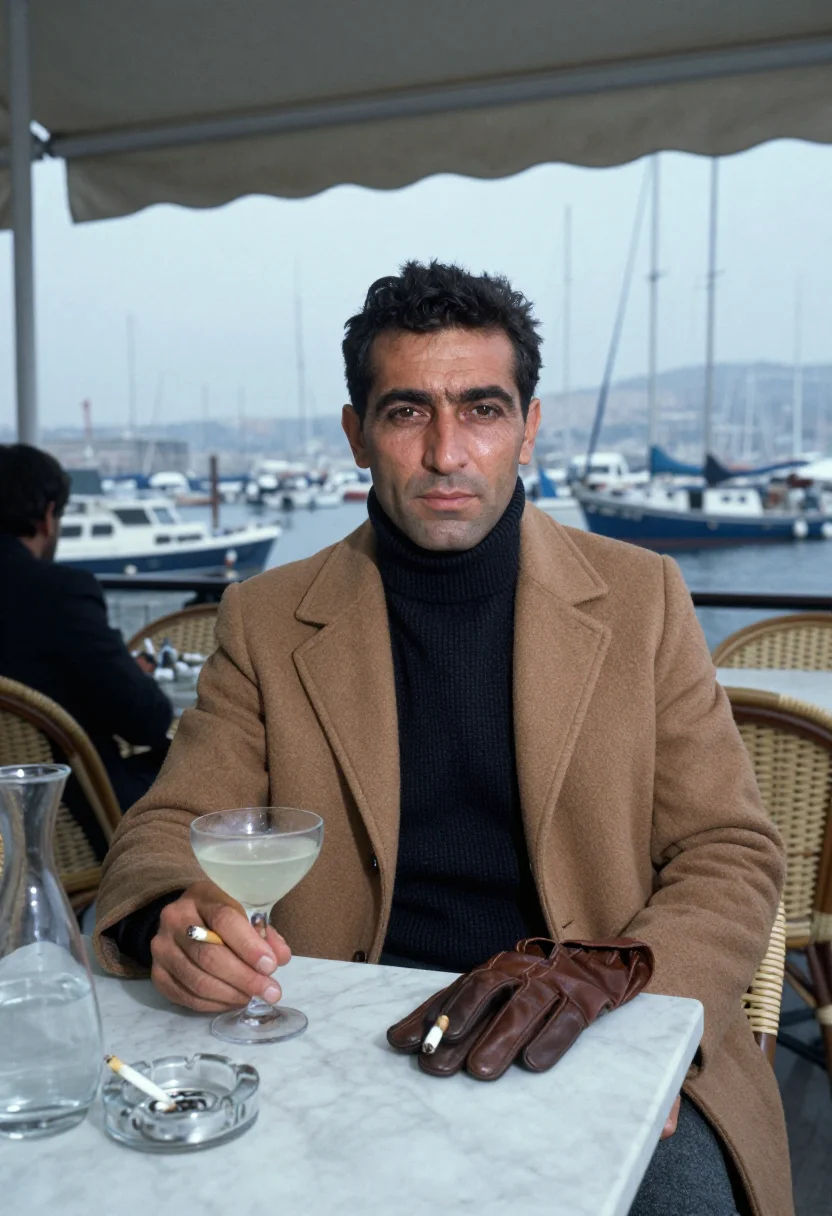 AI french connection sample — portrait of a man, waist-up portrait of a Southern-European