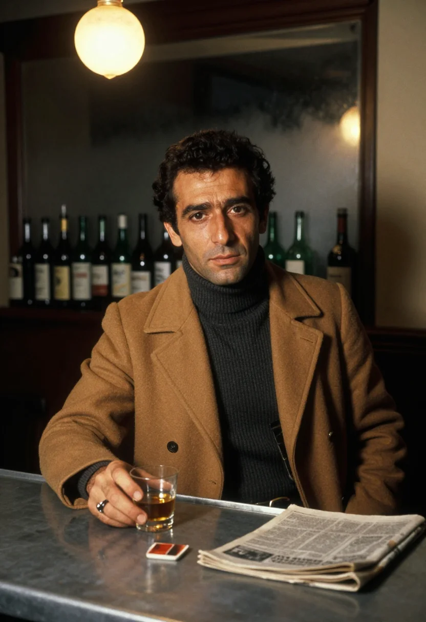 AI french connection sample — portrait of a man, waist-up portrait of a Southern-European