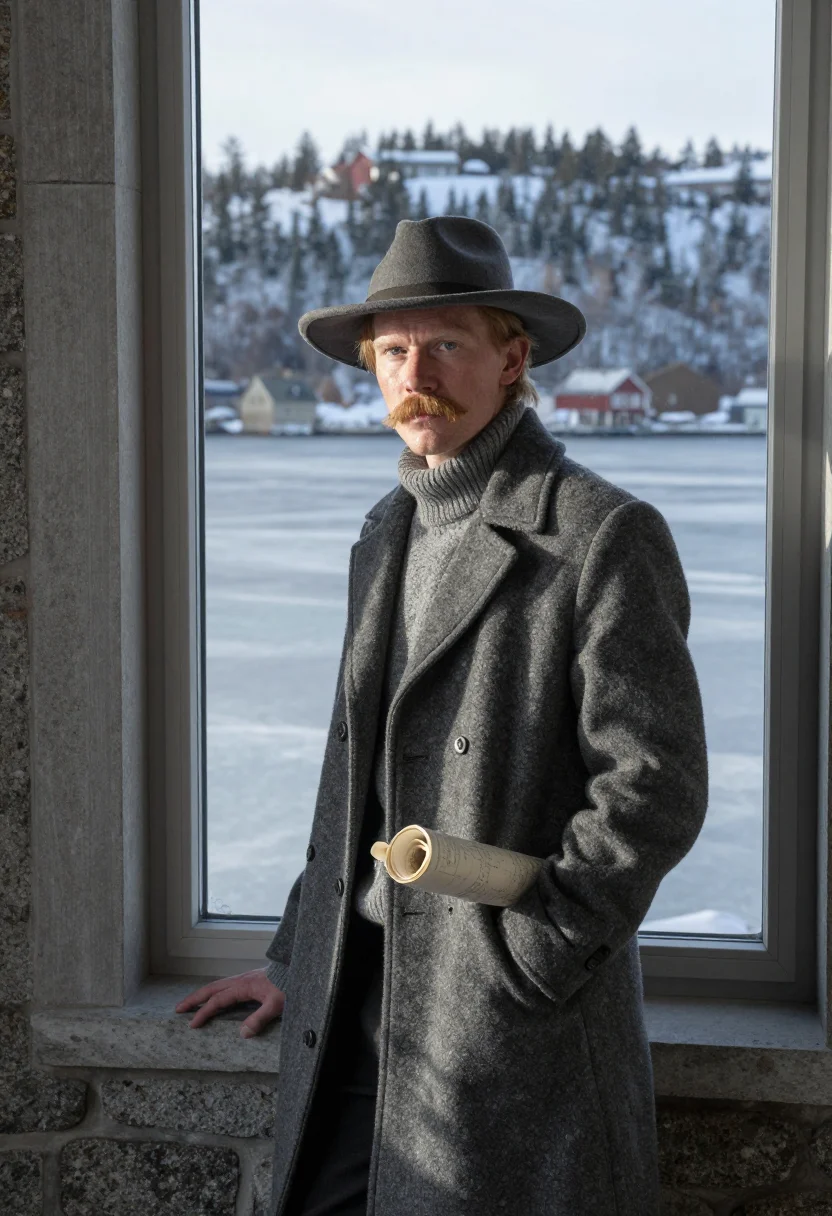 AI fridtjof nansen polhogda january iron grey sample — portrait of a man, framed from the waist up, the camera a fe