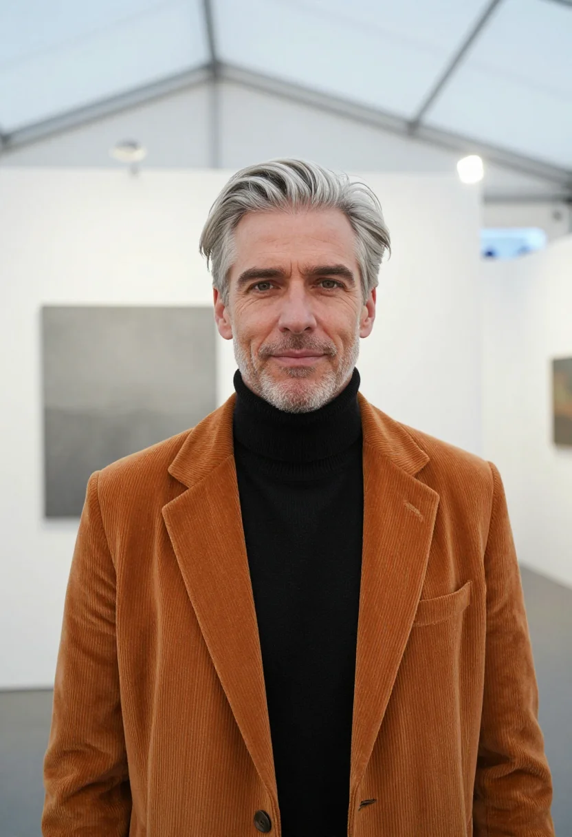 AI frieze gallerist ochre sample — portrait of a man, tight headshot of a tall Western-European