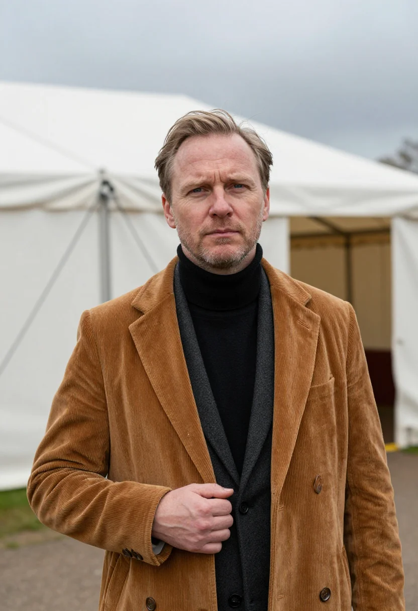 AI frieze gallerist ochre sample — portrait of a man, half-length portrait cropped at the lower