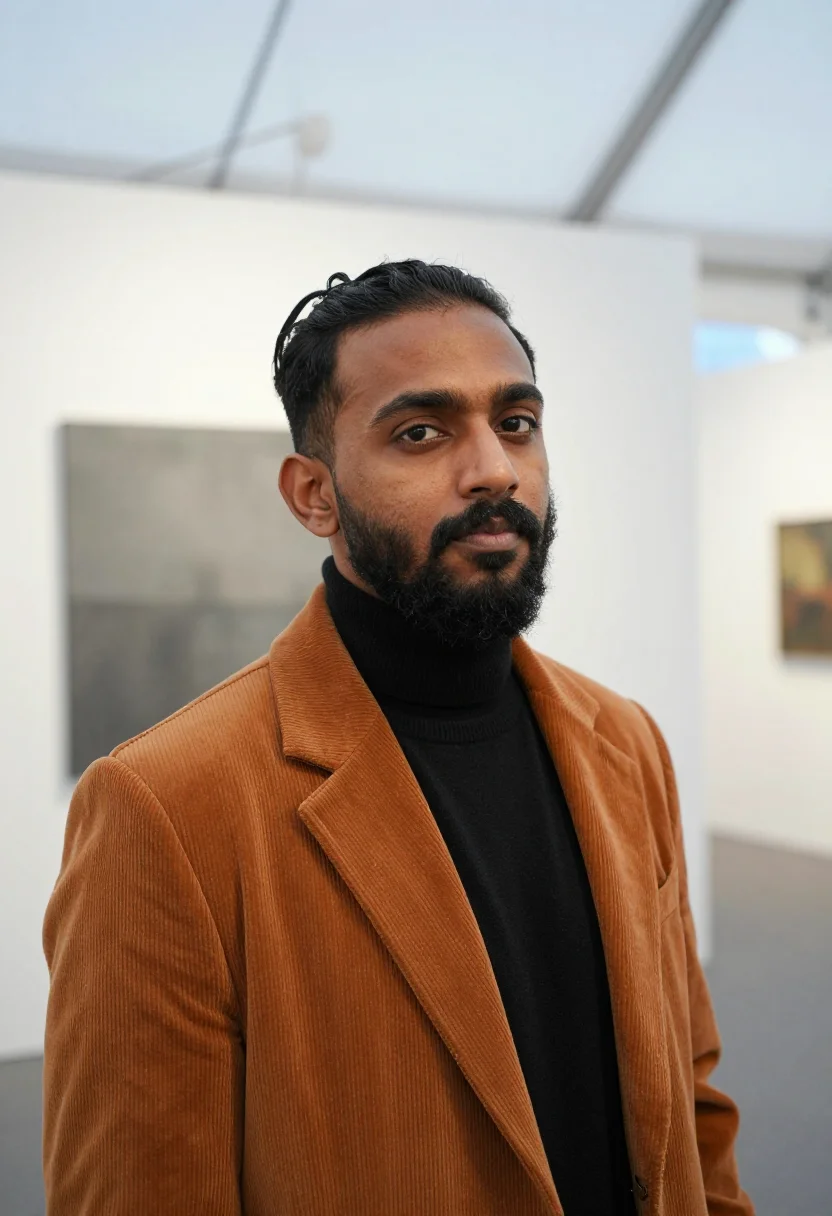 AI frieze gallerist ochre sample — portrait of a man, tight headshot of a South-Asian British m