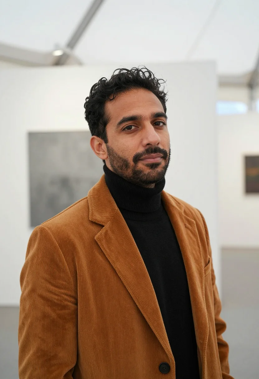 AI frieze gallerist ochre sample — portrait of a man, chest-up portrait of a Mediterranean man