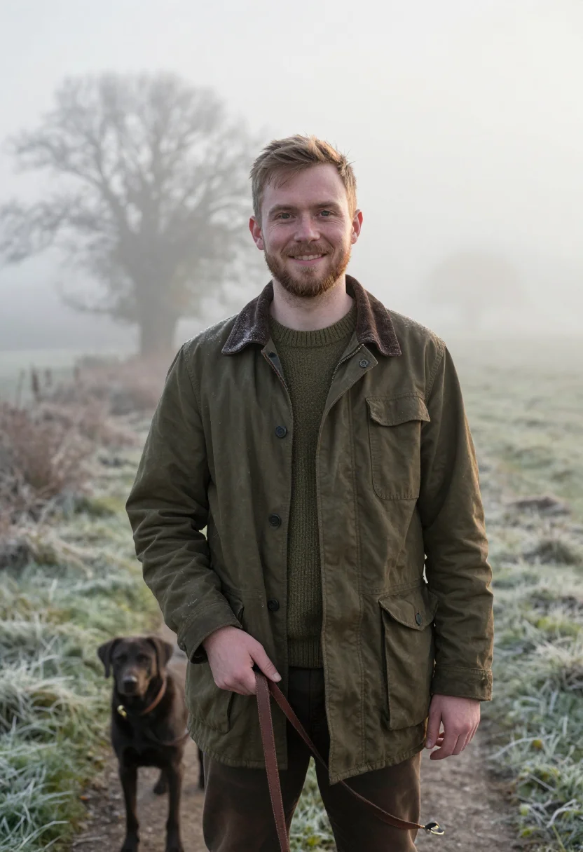 AI frost morning dog walk olive sample — portrait of a man, framed chest-up, cropped at the ribs, the