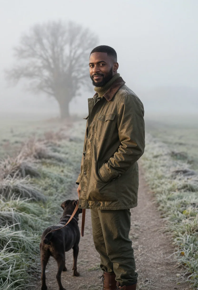 AI frost morning dog walk olive sample — portrait of a man, framed half-length from the head to the h
