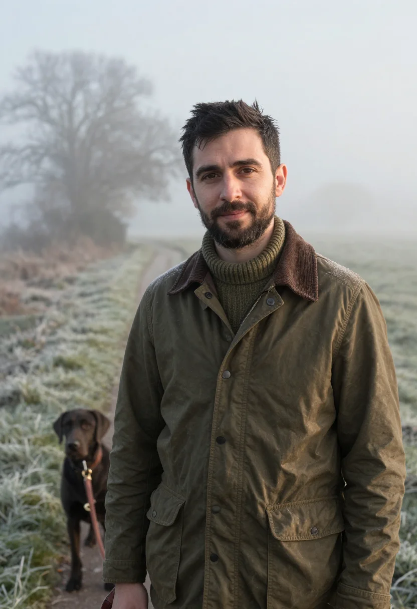 AI frost morning dog walk olive sample — portrait of a man, framed tight, head and shoulders, the bod