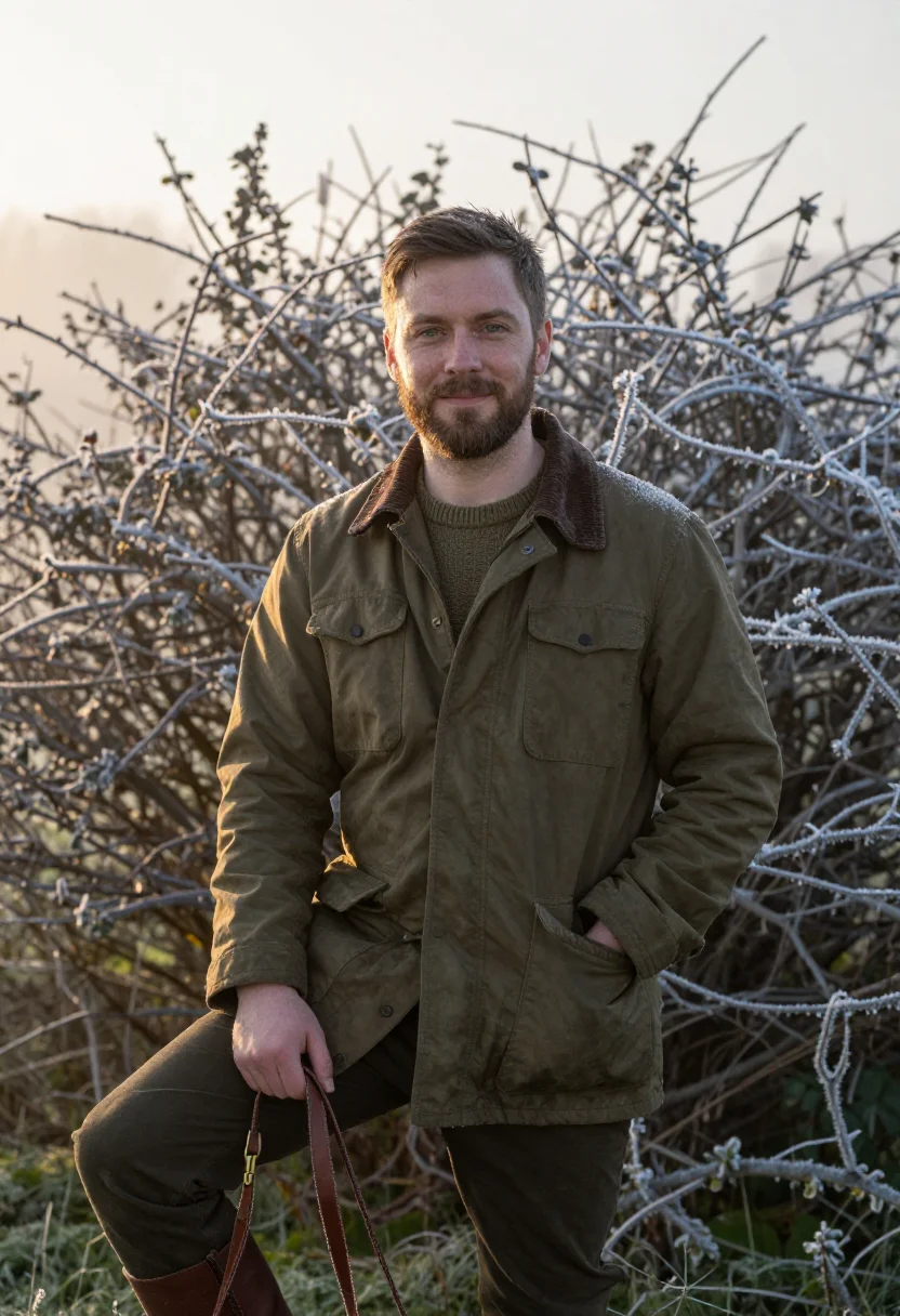 AI frost morning dog walk olive sample — portrait of a man, framed half-length from the head to the h