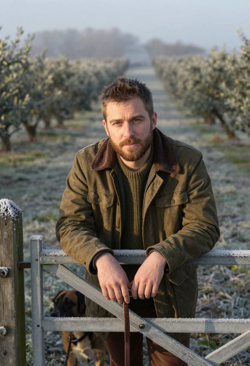 AI frost morning dog walk olive sample — portrait of a man, framed tight, head and shoulders, the bod