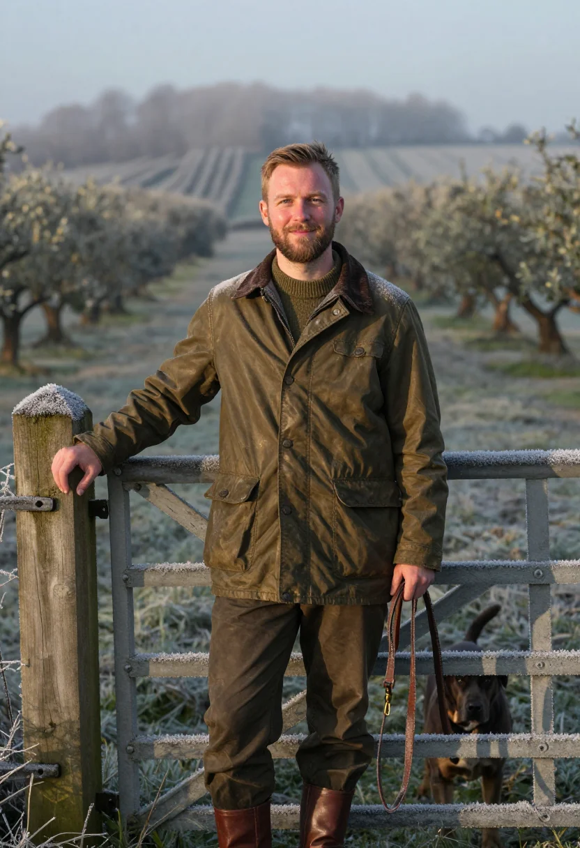 AI frost morning dog walk olive sample — portrait of a man, framed half-length from the head to the h