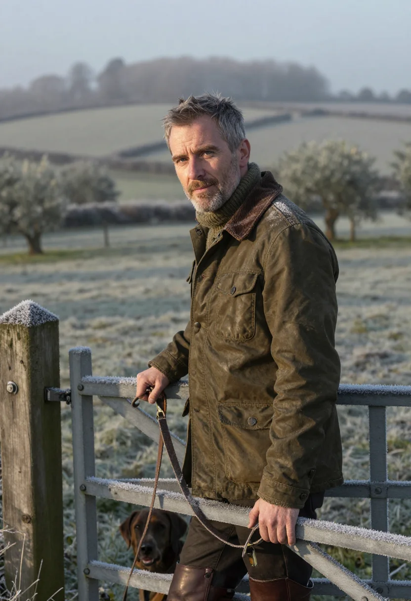 AI frost morning dog walk olive sample — portrait of a man, framed chest-up, cropped at the ribs, the