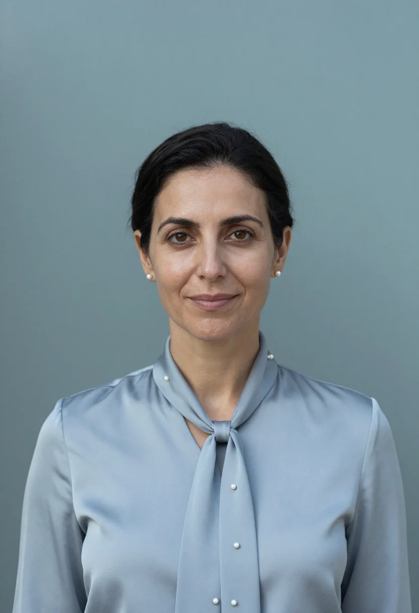 AI frosted glass headshot sample — portrait of a woman, chest-up portrait of a Mediterranean wo