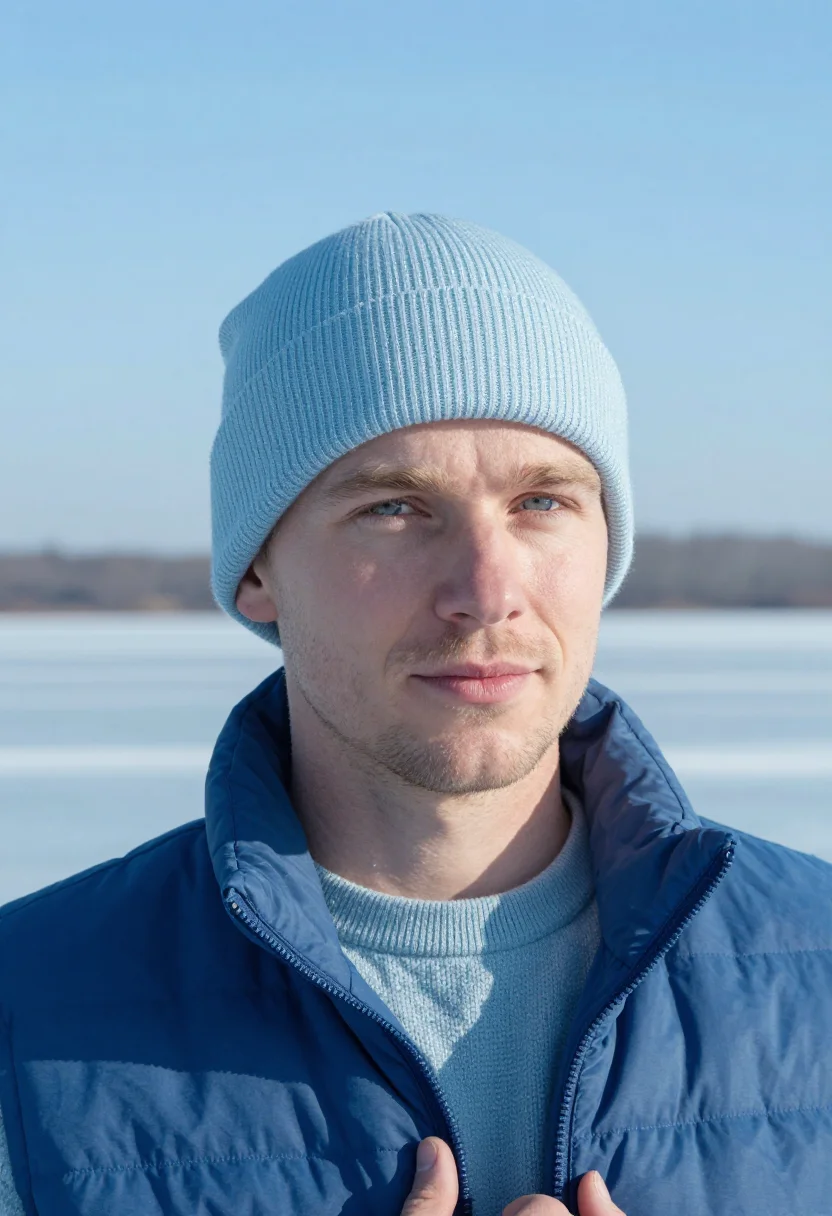 AI frozen lake blue sample — portrait of a man, tight headshot of a man in his late twent