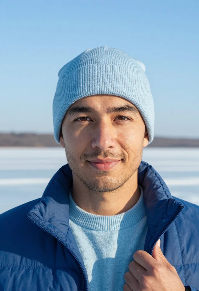 AI frozen lake blue sample — portrait of a man, tight headshot of a man in his mid-thirti