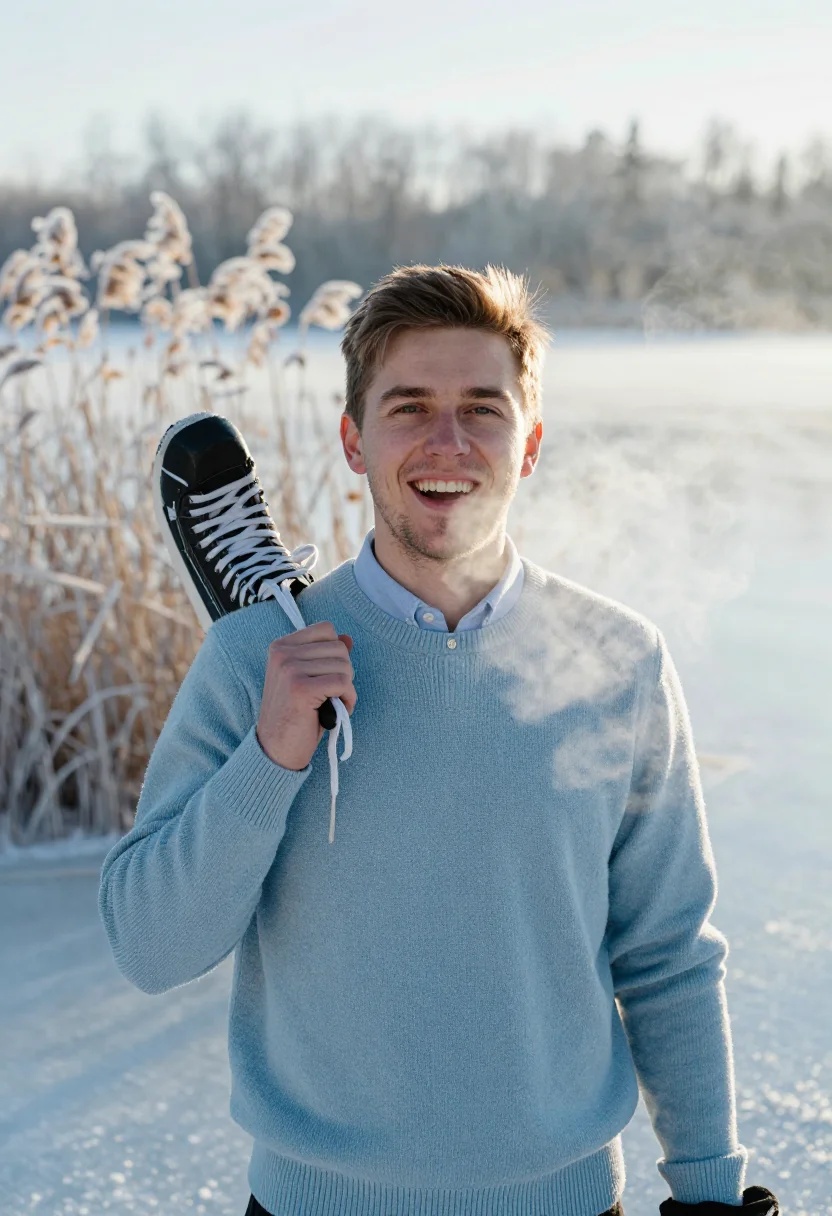 AI frozen lake blue sample — portrait of a man, chest-up portrait of a man in his early t