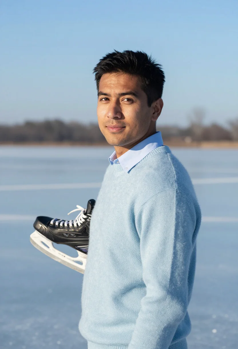 AI frozen lake blue sample — portrait of a man, chest-up portrait of a man around thirty
