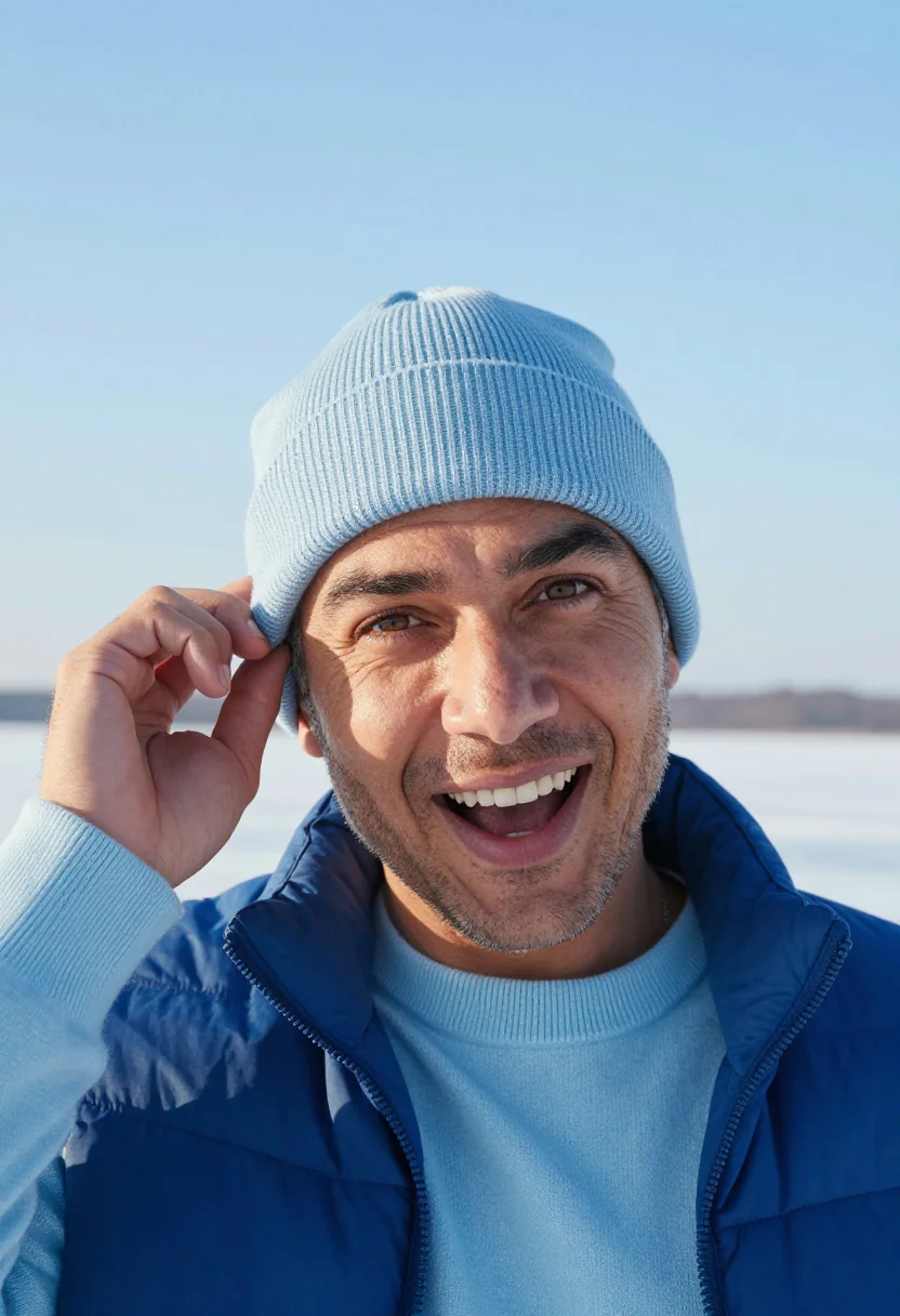 AI frozen lake blue sample — portrait of a man, tight headshot of a man around forty with