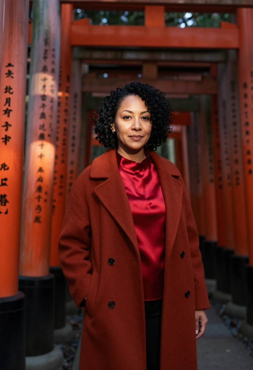 AI fushimi inari brand director vermilion torii sample — portrait of a woman, a brand director in her mid-forties wit