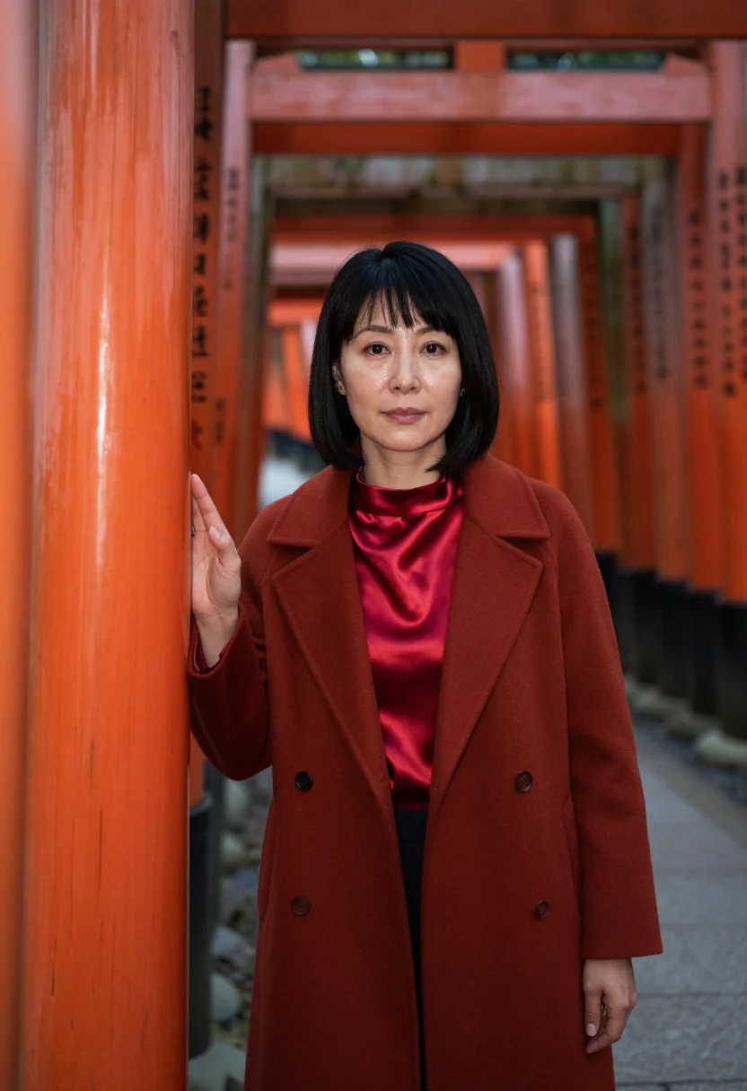 AI fushimi inari brand director vermilion torii sample — portrait of a woman, a Japanese brand director in her fiftie