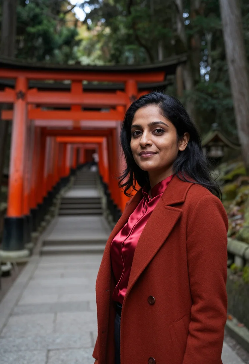 AI fushimi inari brand director vermilion torii sample — portrait of a woman, a South-Asian brand director in her mid