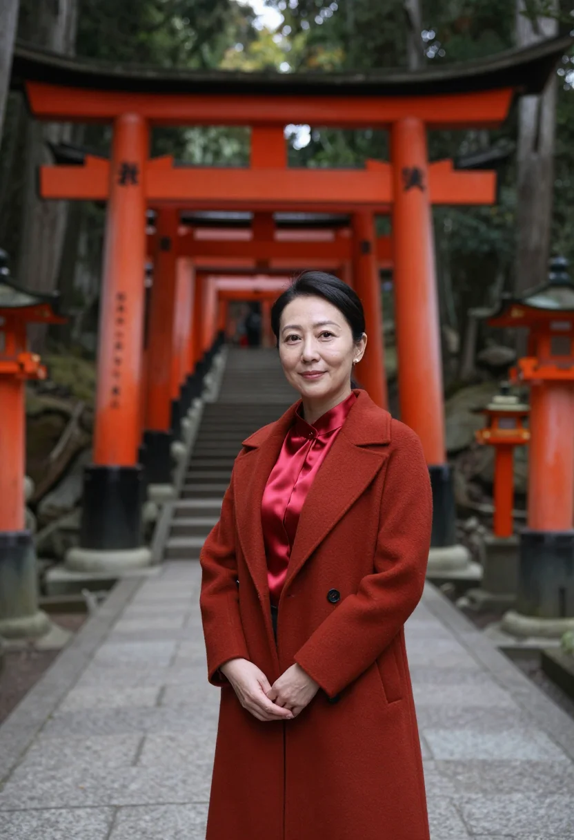 AI fushimi inari brand director vermilion torii sample — portrait of a woman, a Japanese brand director in her late f