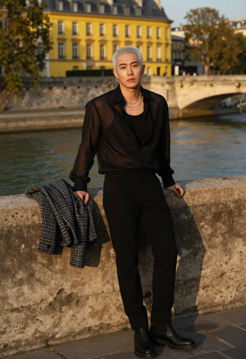 AI g dragon chanel sample — portrait of a man, full-length portrait of a Korean man with