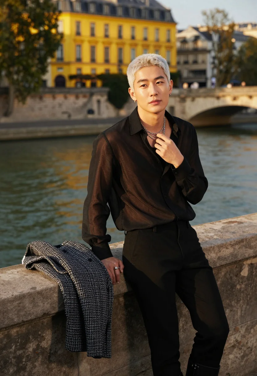 AI g dragon chanel sample — portrait of a man, three-quarter-length portrait of a Korean