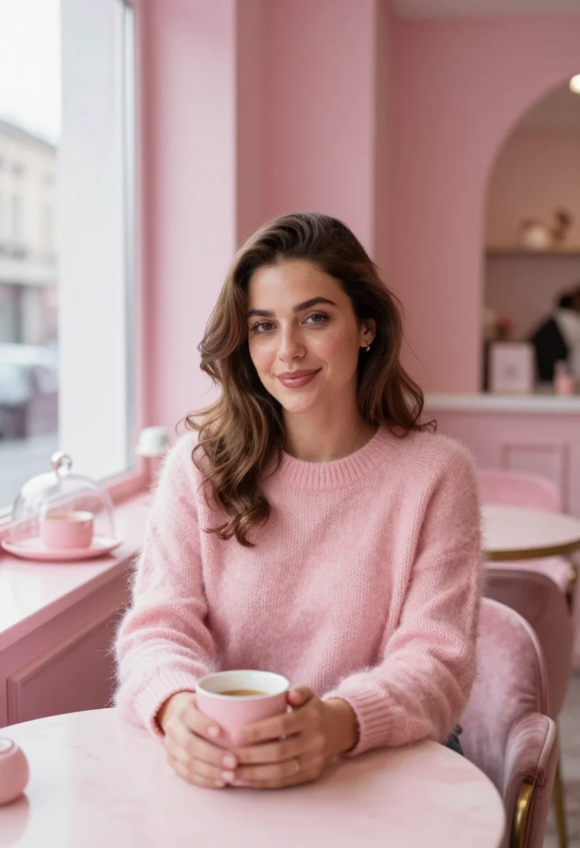 AI galentines pink brunch sample — portrait of a woman, framed chest-up, cropped at the ribs, t