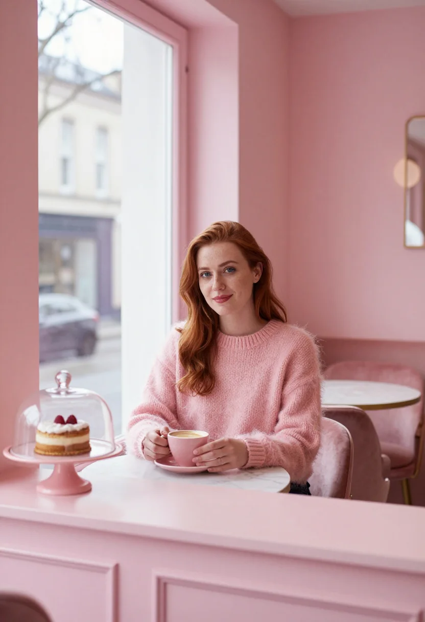 AI galentines pink brunch sample — portrait of a woman, framed wide from the counter across the
