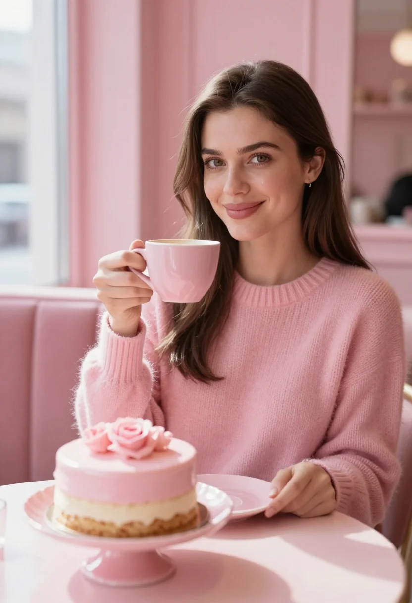 AI galentines pink brunch sample — portrait of a woman, framed chest-up, cropped at the ribs, t