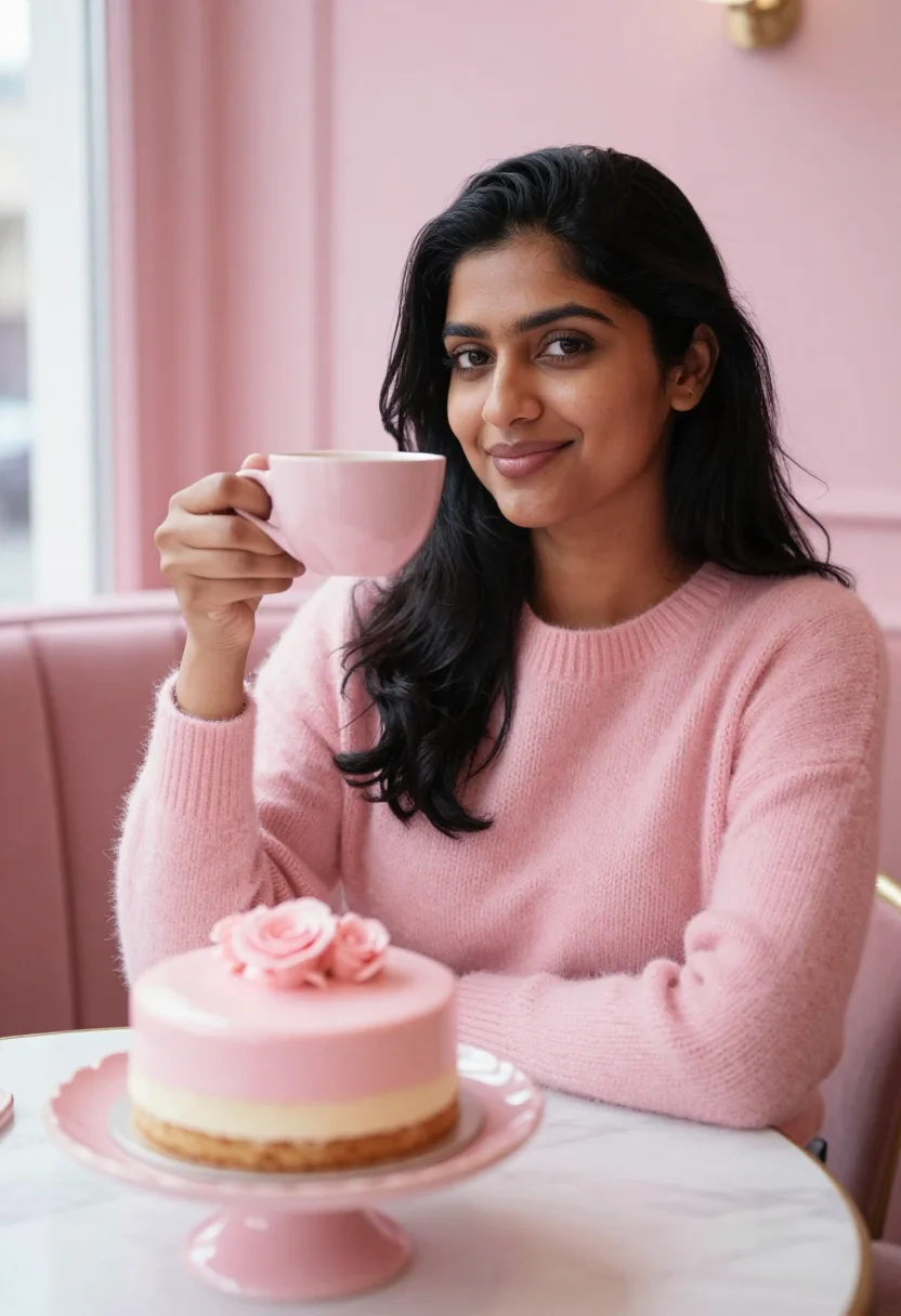 AI galentines pink brunch sample — portrait of a woman, framed half-length from the head to the