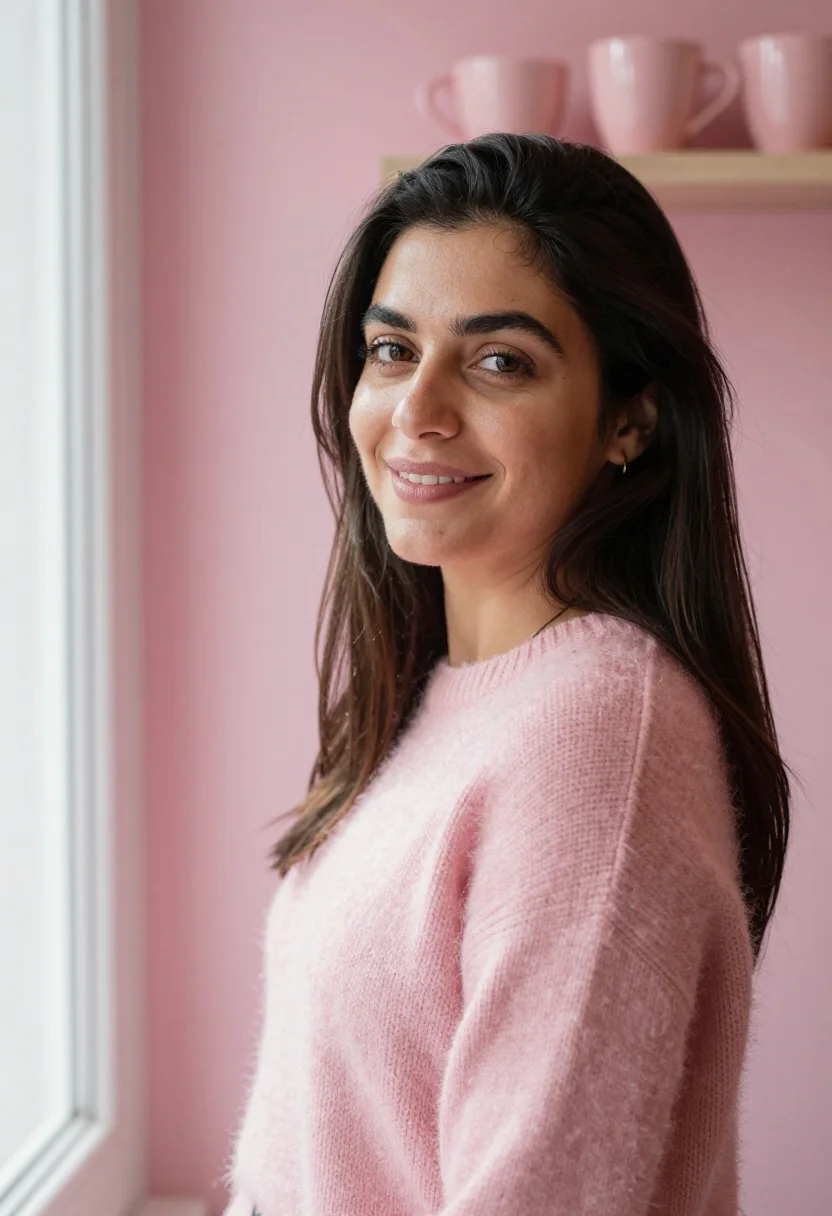 AI galentines pink brunch sample — portrait of a woman, framed chest-up, cropped at the ribs, t