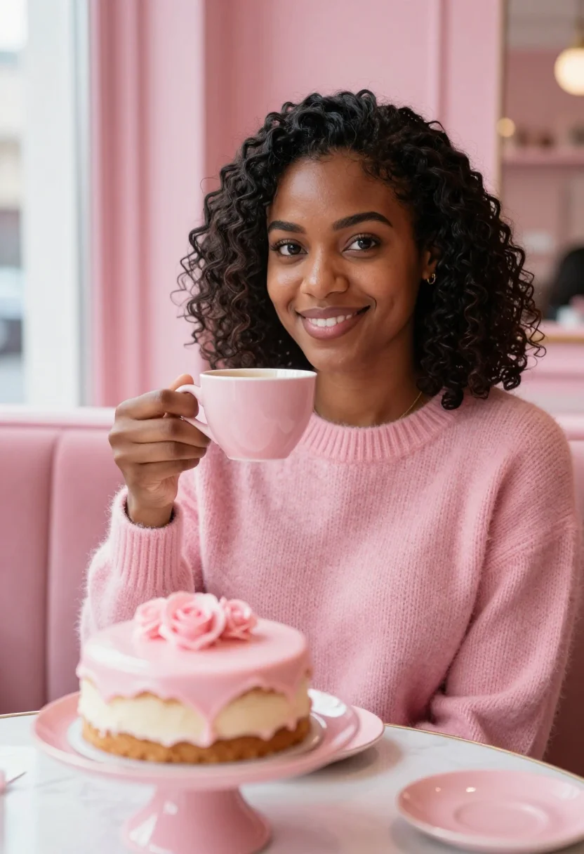 AI galentines pink brunch sample — portrait of a woman, framed tight, head and shoulders, the b