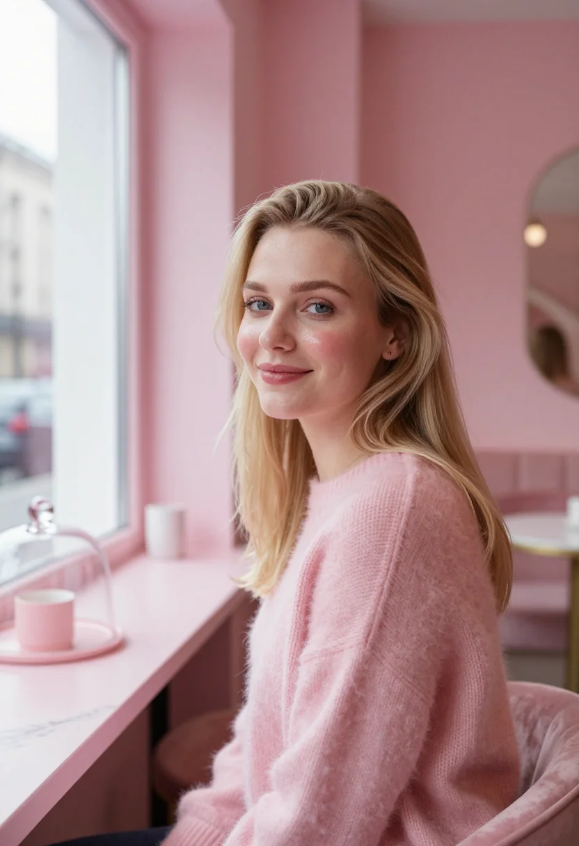 AI galentines pink brunch sample — portrait of a woman, framed tight, head and shoulders, the b