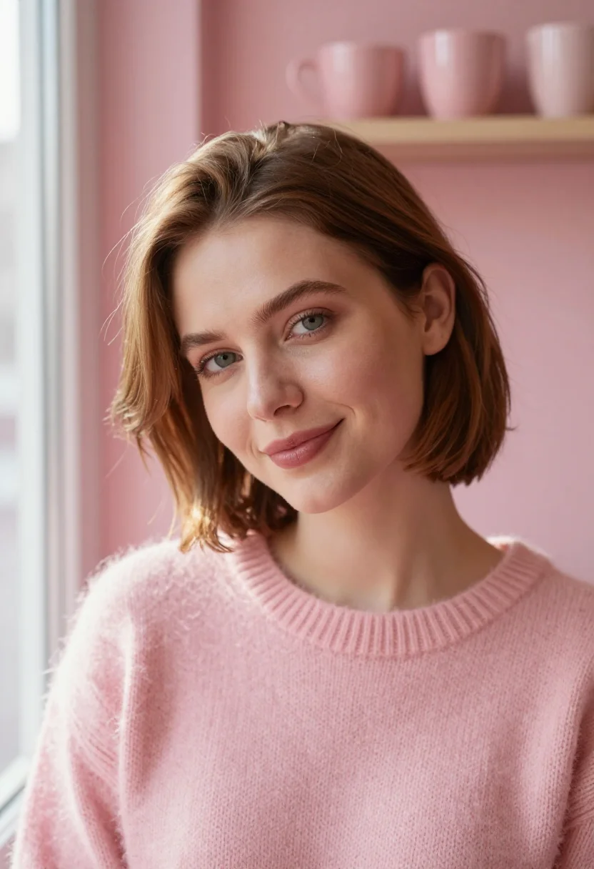 AI galentines pink brunch sample — portrait of a woman, framed tight, head and shoulders with t