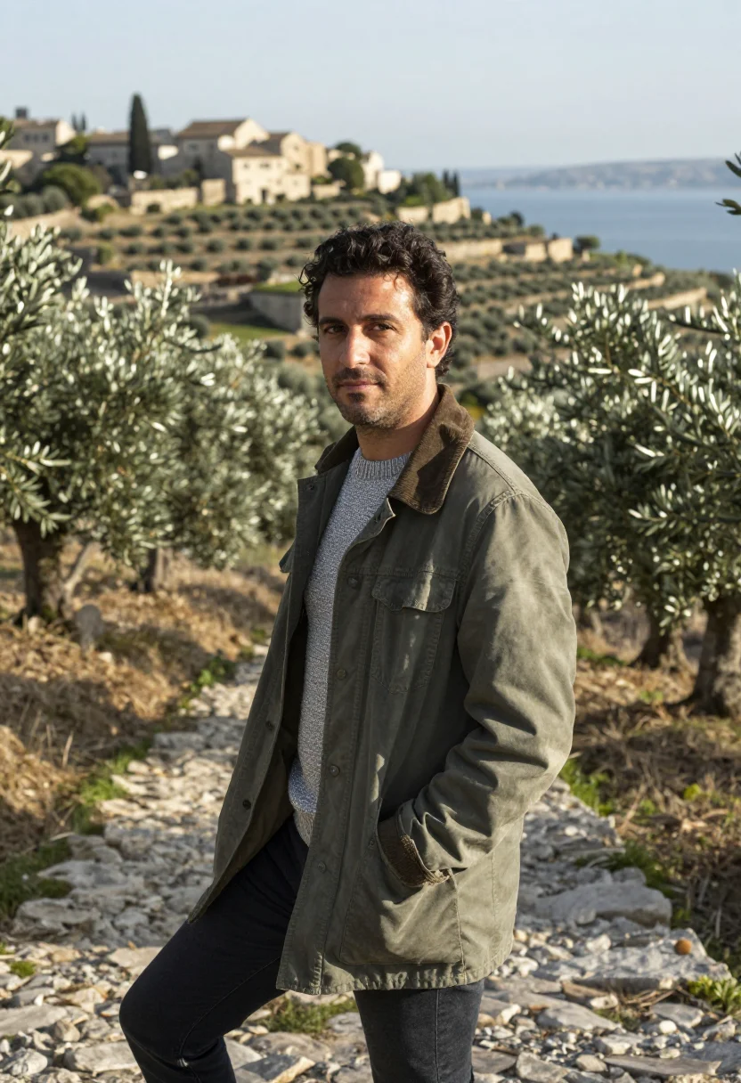 AI galilee vet olive grove silver sample — portrait of a man, a veterinarian in his thirties of Italian