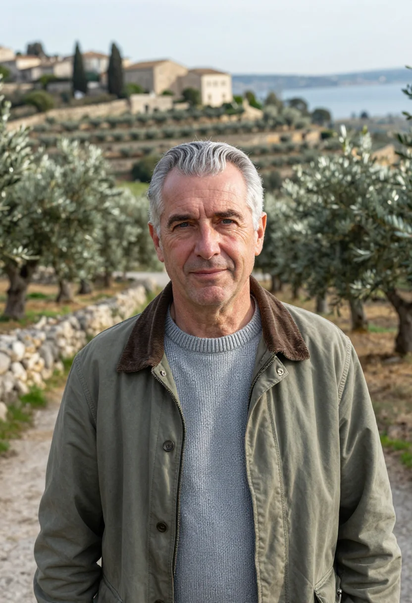 AI galilee vet olive grove silver sample — portrait of a man, a veterinarian in his fifties of English