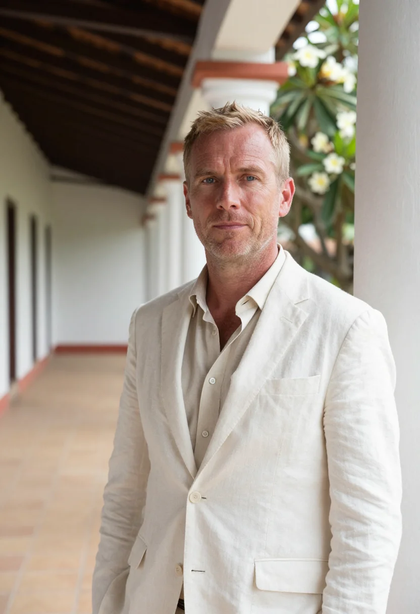 AI galle fort hotelier coral white sample — portrait of a man, a Dutch hotelier in his forties with fair