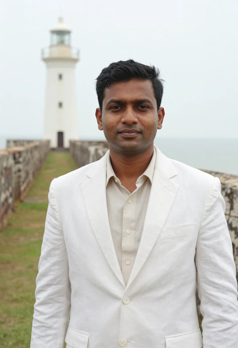 AI galle fort hotelier coral white sample — portrait of a man, a Sri Lankan hotelier in his early fortie