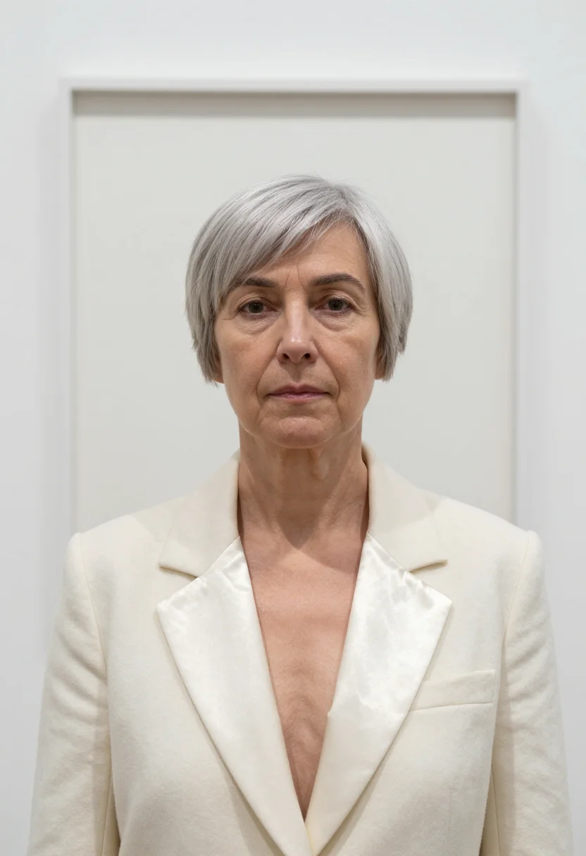 AI gallerist winter white sample — portrait of a woman, framed tight, head and shoulders, a Wes