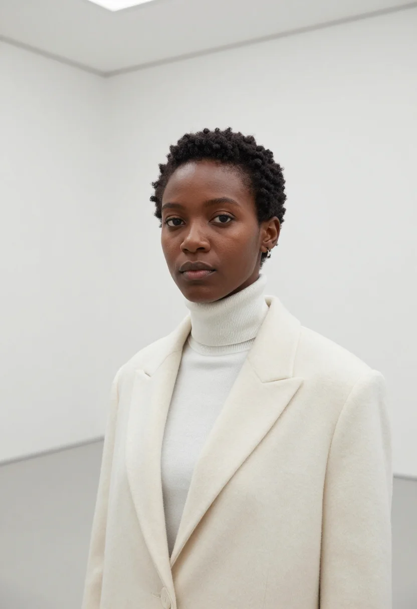 AI gallerist winter white sample — portrait of a woman, framed tight, head and shoulders, a Bla