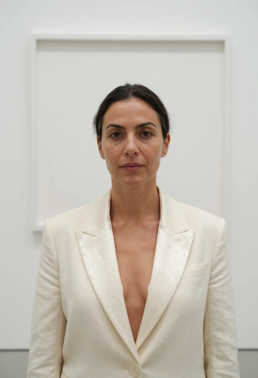 AI gallerist winter white sample — portrait of a woman, framed chest-up, a Mediterranean woman